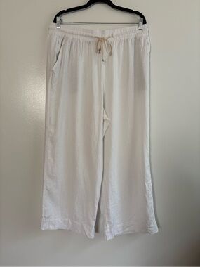 Tahari White Linen Rayon Blend Wide Leg Drawstring Pants Size XL